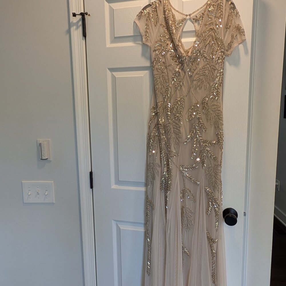 Beaded Branch Short Sleeve V-Neck Godet Dress - Champagne Size 8